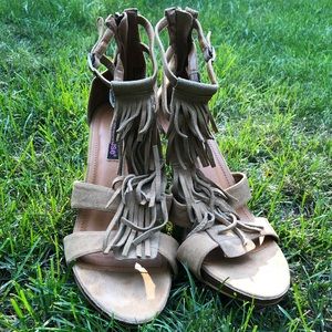 Tan fringe heels